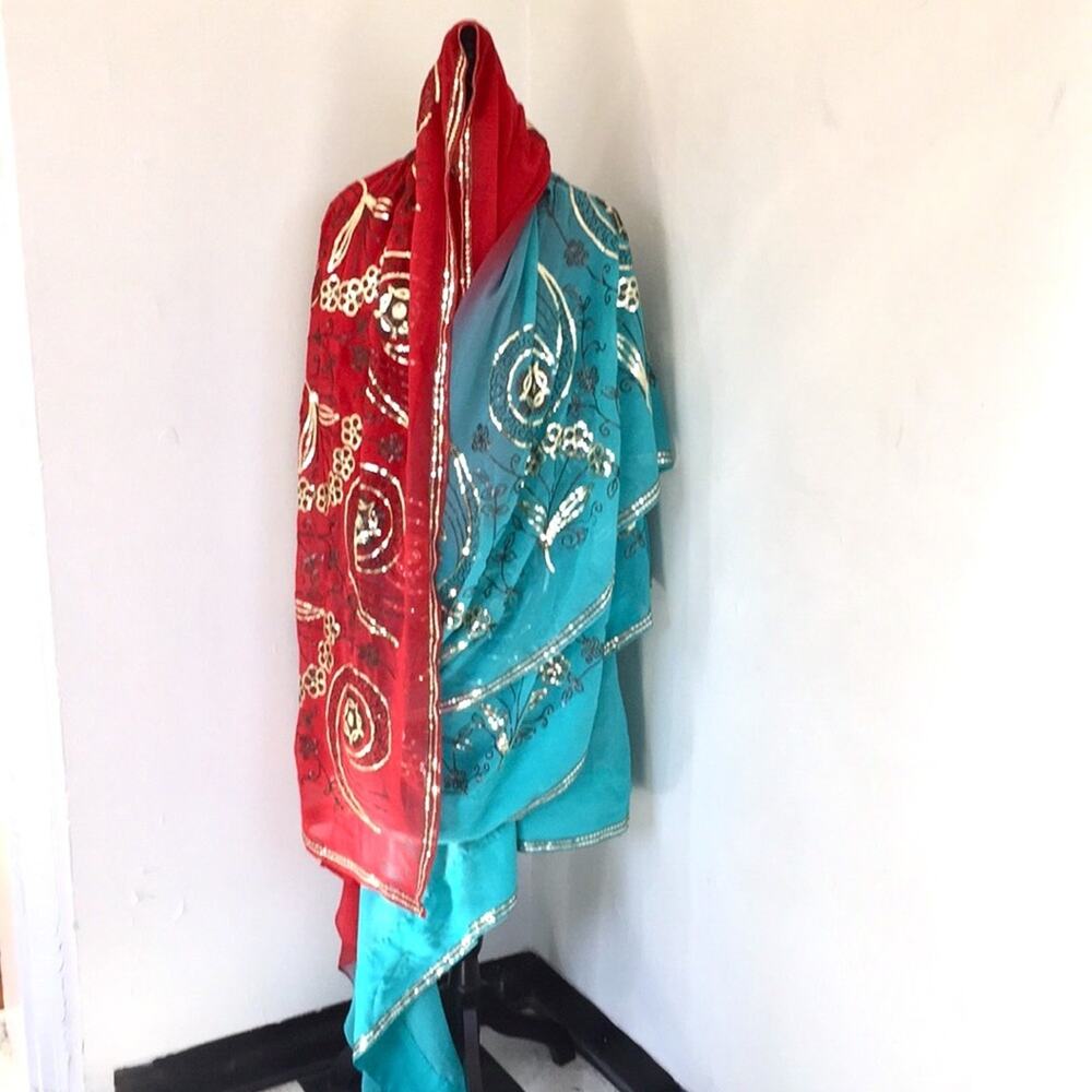 Sari fabric sequins embellished turquoise red EUC
